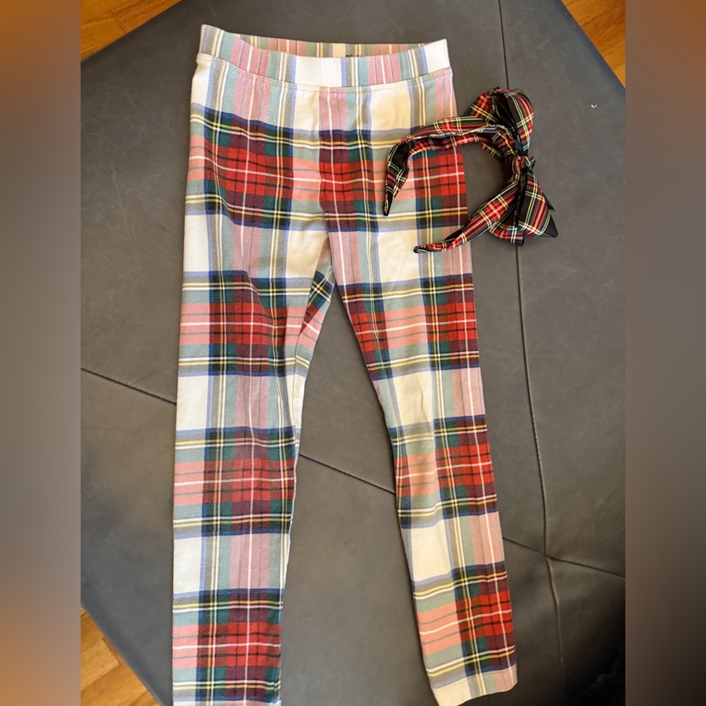 J. Crew kids Girls Plaid Stretch Leggings with Bow headband- jcrew plaid